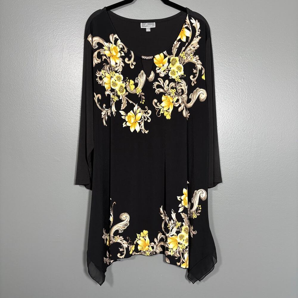 JM Collection Black Yellow Tunic Length Top Asymmetrical - 2X - Womens Blue Size